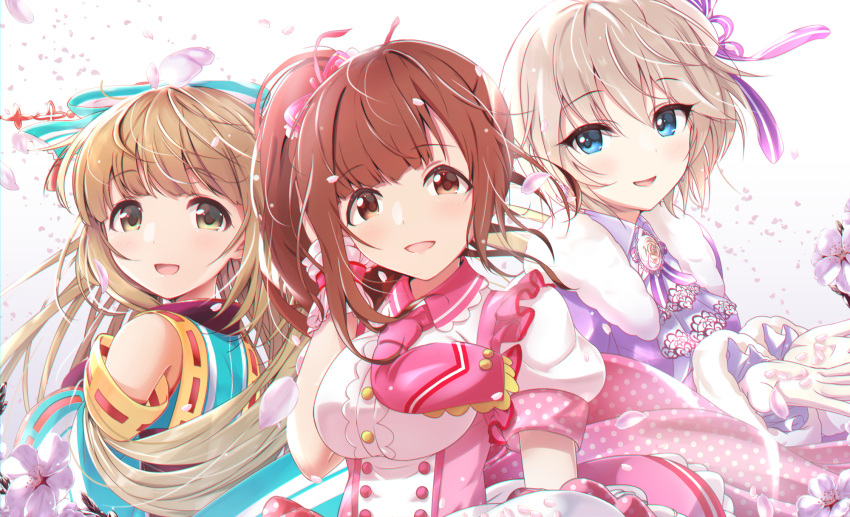 3girls :d akisaka_yamoka anastasia_(idolmaster) bare_shoulders blue_eyes blue_ribbon bow breasts brown_eyes brown_hair commentary_request detached_sleeves eyebrows_visible_through_hair hair_bow hair_ribbon highres idol idolmaster idolmaster_cinderella_girls idolmaster_cinderella_girls_starlight_stage igarashi_kyouko long_hair looking_at_viewer medium_breasts multiple_girls open_mouth pink_bow puffy_short_sleeves puffy_sleeves purple_bow ribbon short_hair short_sleeves side_ponytail silver_hair smile upper_body yorita_yoshino
