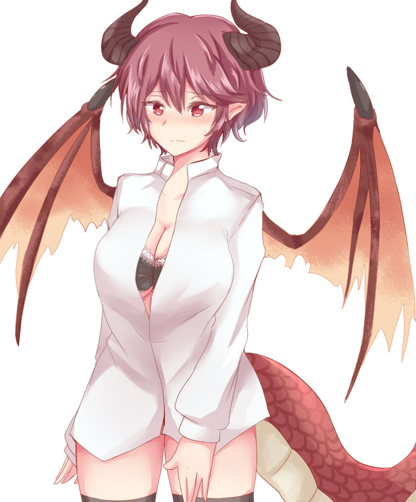 1girl black_bra black_legwear blush bra breasts cleavage dragon_horns dragon_tail dragon_wings dress_shirt granblue_fantasy grea_(shingeki_no_bahamut) highres horns large_breasts looking_at_viewer manaria_friends nyaku open_clothes open_shirt pointy_ears shirt simple_background solo tail thigh-highs underwear white_background white_shirt wings