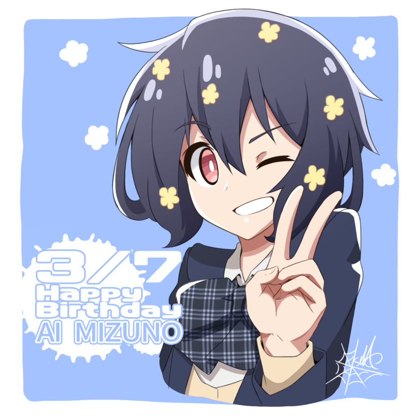 1girl black_hair blazer blue_background bow bowtie commentary_request grin hair_between_eyes hair_ornament happy_birthday highres jacket kumo_(kumo8159) long_sleeves mizuno_ai one_eye_closed plaid_neckwear red_eyes short_hair simple_background smile solo sweater sweater_under_jacket v zombie_land_saga