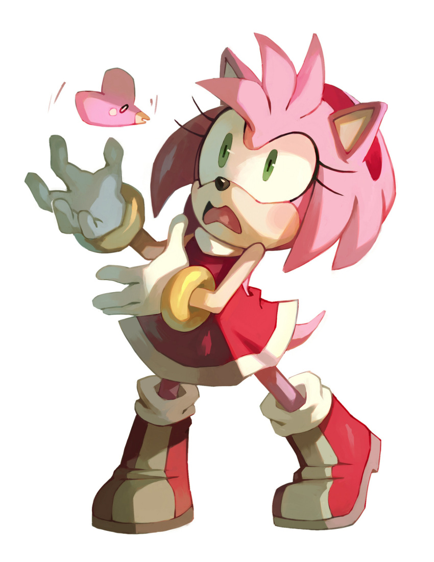 2others amy_rose bluekomadori color_connection creature creatures_(company) dress fish frown game_freak gen_3_pokemon gloves green_eyes hedgehog highres luvdisc nintendo no_humans pokemon pokemon_(creature) red_dress red_footwear sega shoes short_dress simple_background sonic_the_hedgehog white_background white_gloves