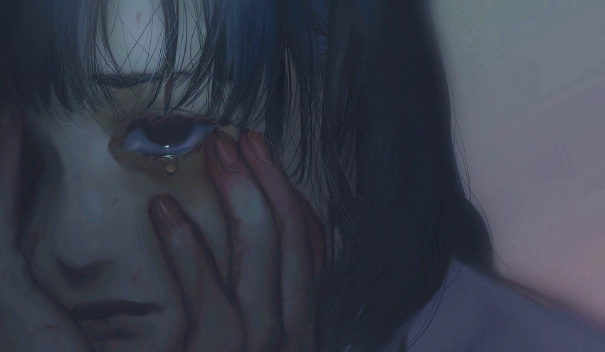 1girl black_hair close-up commentary_request covering_one_eye crying crying_with_eyes_open dark diao_(sen_zoku) face hands_on_own_cheeks hands_on_own_face highres lips looking_at_viewer muted_color original portrait sad solo tears