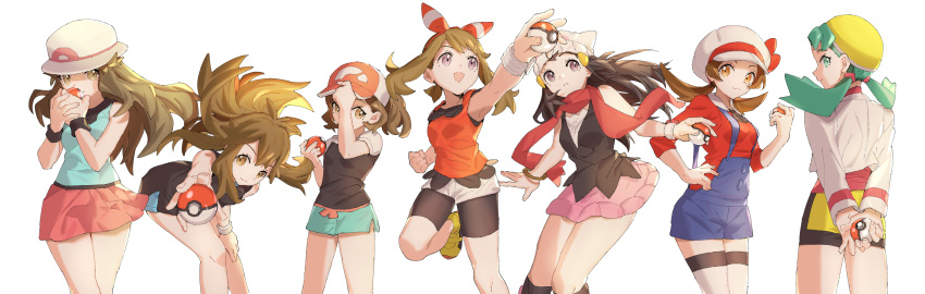 6+girls absurdres adjusting_clothes adjusting_hat ankea_(a-ramo-do) ayumi_(pokemon) beanie blue_(pokemon) blue_eyes blue_hair bow brown_eyes brown_hair creatures_(company) cropped_legs crystal_(pokemon) dual_persona game_freak grey_eyes hair_bow haruka_(pokemon) hat highres hikari_(pokemon) kotone_(pokemon) long_hair multiple_girls nintendo open_mouth outstretched_arm overalls poke_ball poke_ball_(generic) pokemon pokemon_(game) pokemon_dppt pokemon_frlg pokemon_gsc pokemon_hgss pokemon_lgpe pokemon_oras scarf short_shorts shorts simple_background skirt sleeveless tank_top twintails