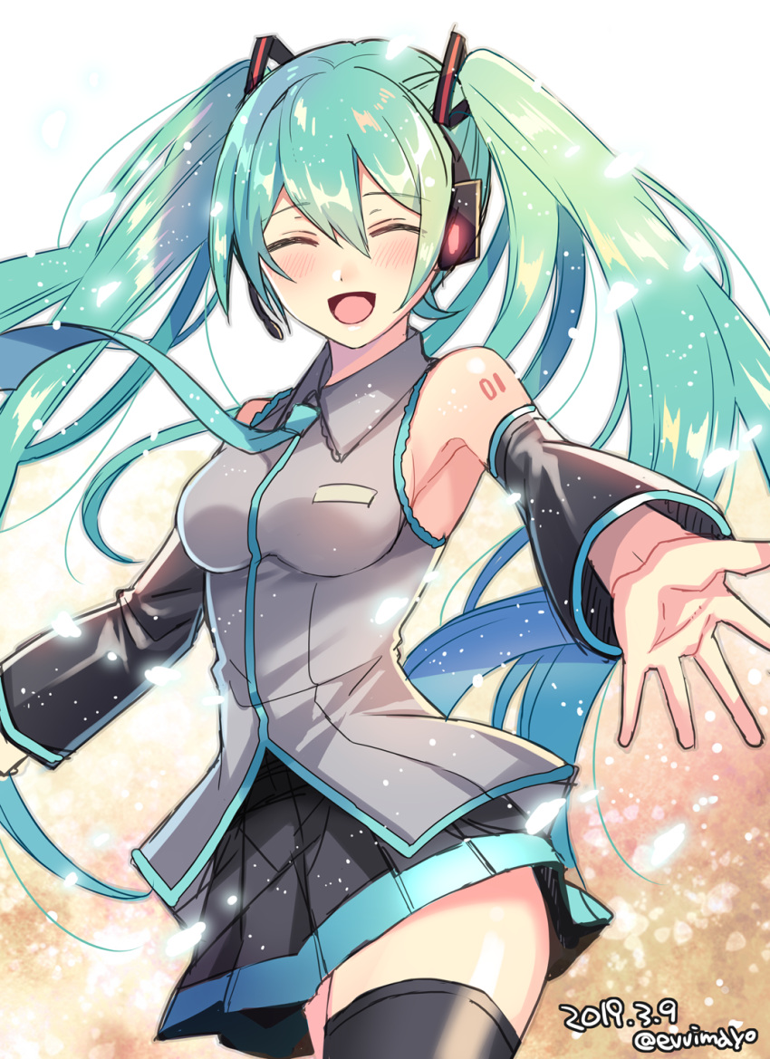 1girl 2019 :d armpits black_legwear black_skirt blue_neckwear blush dated detached_sleeves eyebrows_visible_through_hair green_hair hair_between_eyes hatsune_miku highres long_hair looking_at_viewer necktie open_mouth shina_shina skirt smile solo tattoo thigh-highs twintails twitter_username vocaloid zettai_ryouiki