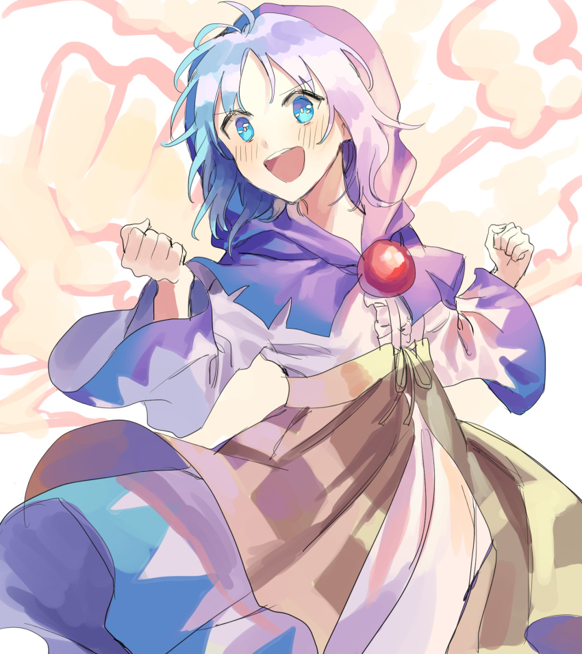 1girl :d antenna_hair bangs blue_capelet blue_eyes blue_hair blush capelet center_frills clenched_hands commentary_request cowboy_shot dress eyebrows_visible_through_hair hands_up highres hood hooded_capelet kumoi_ichirin long_sleeves looking_at_viewer misha_(hoongju) open_mouth short_hair smile solo touhou unzan waist_cape white_background white_dress wide_sleeves