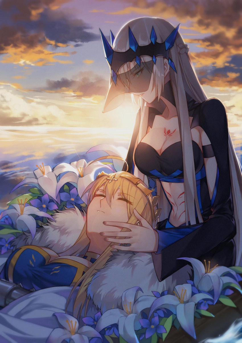 2girls ahoge artoria_pendragon_(all) artoria_pendragon_(lancer) blonde_hair blue_flower breasts cape cleavage closed_eyes clouds collarbone fate/apocrypha fate/grand_order fate_(series) flower frown fur_trim hair_between_eyes highres incest lap_pillow large_breasts leaf lily_(flower) long_hair long_sleeves morgan_le_fay_(fate) multiple_girls siblings sisters sunset tattoo upper_body veil very_long_hair white_cape white_flower wide_sleeves yorukun yuri