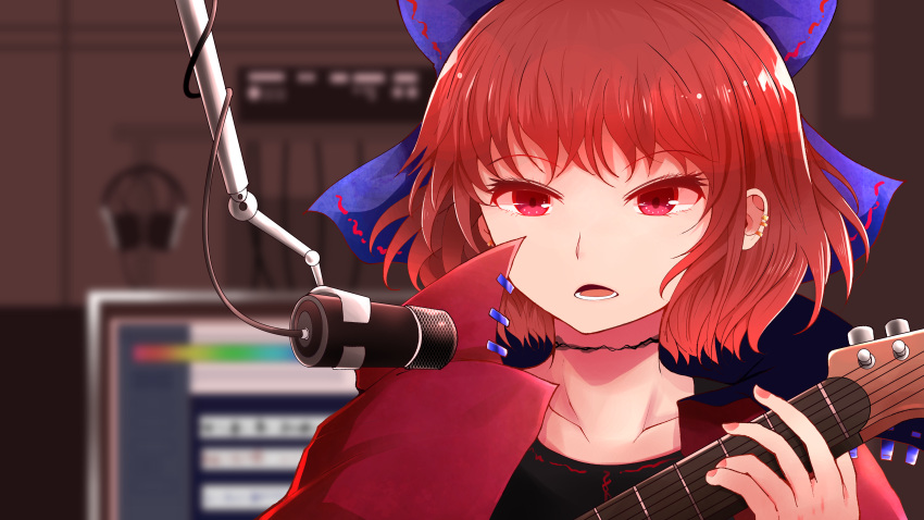 1girl absurdres arano_oki bangs black_shirt blue_bow bow cape collarbone commentary_request ear_piercing electric_guitar eyebrows_visible_through_hair guitar hair_bow high_collar highres holding holding_instrument indoors instrument nail_polish open_mouth piercing portrait red_cape red_eyes red_nails redhead sekibanki shirt short_hair solo touhou