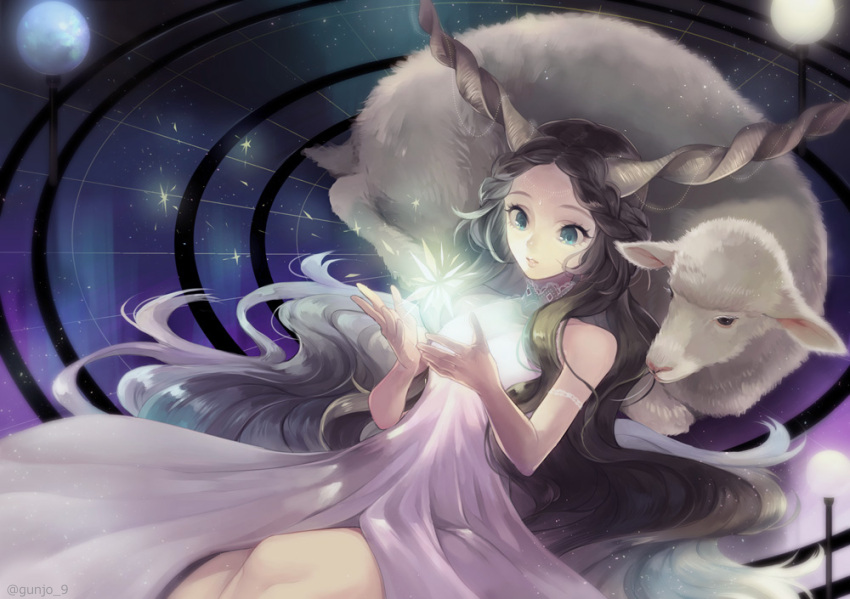 1girl animal armband arms_up blue_eyes brown_hair commentary_request crystal dress glowing grid_background hair_spread_out high_collar highres horns leaning_back lips long_hair looking_down open_hands original oversized_animal parted_lips planet purple_dress sheep sitting sleeveless sleeveless_dress sparkle tsuyu_(gunjooo9) very_long_hair