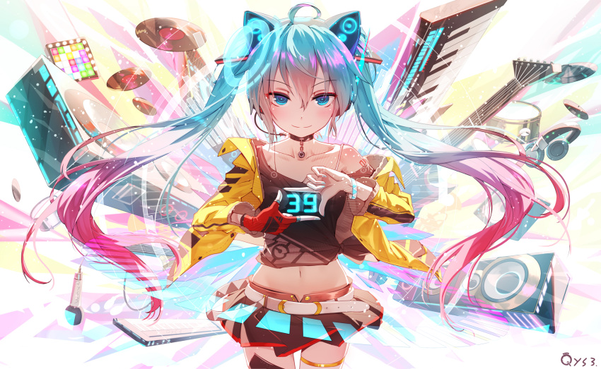 1girl 39 aqua_eyes aqua_hair artist_name bai_yemeng belt black_choker black_shirt bracelet choker collarbone commentary_request drum electric_guitar eyebrows_visible_through_hair fingerless_gloves floating_hair gloves gradient_hair guitar hair_between_eyes hatsune_miku headphones headset highres instrument jewelry keyboard_(instrument) long_hair looking_at_viewer midriff multicolored_hair nail_polish navel off-shoulder_shirt off_shoulder pink_hair record revision shirt single_glove skirt smile solo speaker t-shirt thigh-highs thighs twintails very_long_hair vocaloid