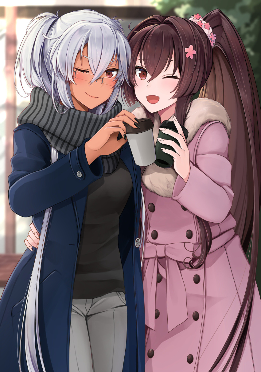 2girls absurdres architecture black_shirt blue_jacket breasts brown_hair casual cleavage closed_mouth dark_skin east_asian_architecture flower fur_trim glasses grey_pants grey_scarf hair_between_eyes hair_flower hair_intakes hair_ornament highres jacket kantai_collection large_breasts long_hair long_sleeves looking_at_viewer multiple_girls musashi_(kantai_collection) one_eye_closed open_mouth outdoors pants pink_jacket ponytail remodel_(kantai_collection) scarf shirt sidelocks silver_hair smile standing twintails upper_body very_long_hair yamato_(kantai_collection) yunamaro