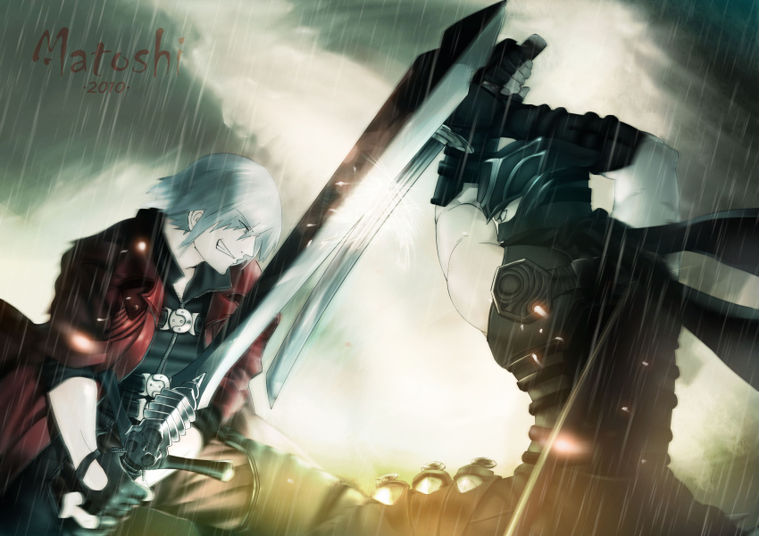 2boys absurdres battle black_eyes black_gloves blue_eyes clash clouds cloudy_sky crossover dante_(devil_may_cry) dead_or_alive demon devil_may_cry devil_may_cry_4 dragon_sword duel fighting fingerless_gloves g-matoshi gloves grin highres holding holding_sword holding_weapon jacket katana male_focus mask multiple_boys muscle ninja ninja_gaiden rain rebellion_(sword) ryu_hayabusa scarf sheath short_hair silver_hair sky smile sword weapon white_hair