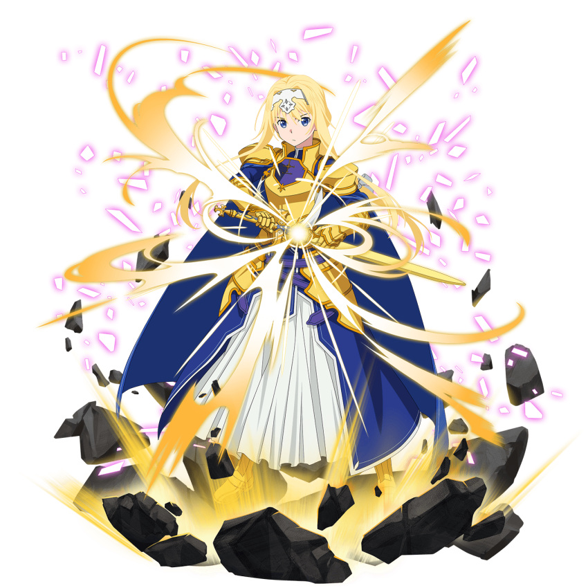 1girl alice_schuberg armor armored_dress blonde_hair blue_dress blue_eyes breastplate dress fate/stay_night fate_(series) faulds floating_hair full_body gauntlets hairband highres holding holding_sheath holding_sword holding_weapon long_hair long_skirt looking_at_viewer official_art osmanthus_blade pleated_skirt sheath shoulder_armor skirt skirt_under_dress solo spaulders sword transparent_background unsheathing very_long_hair weapon white_hairband white_skirt