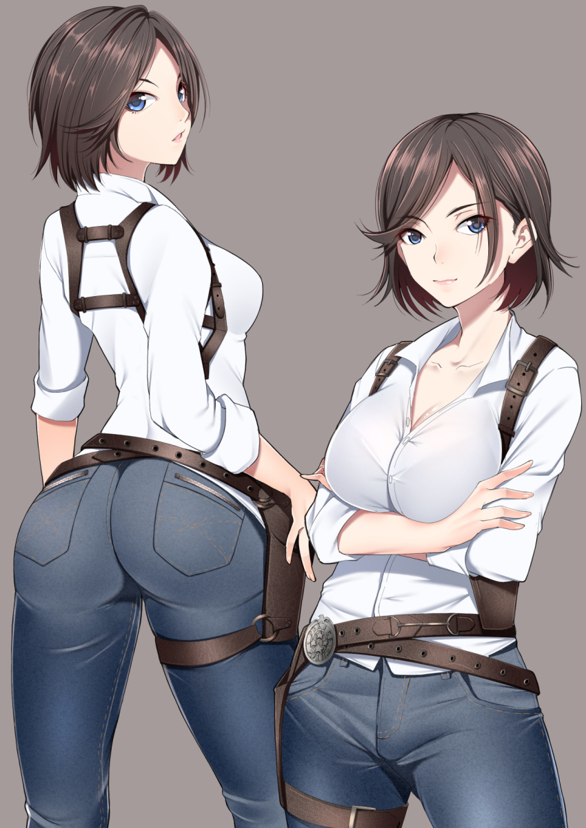 1girl ass bangs belt black_hair blue_eyes blue_pants bralines breasts brown_background brown_hair cleavage collarbone collared_shirt crossed_arms denim dress_shirt eyebrows_visible_through_hair highres holster jeans juli_kidman kippuru large_breasts light_smile long_sleeves looking_at_viewer looking_back multiple_views open_mouth pants shirt short_hair shoulder_holster swept_bangs the_evil_within thigh_holster unbuttoned white_shirt