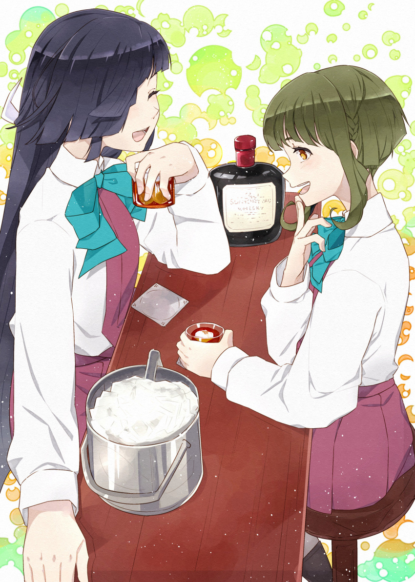 2girls absurdres alcohol black_hair bob_cut boots bow bowtie braid brown_eyes closed_eyes cross-laced_footwear cup dress facing_another green_hair hair_over_one_eye hair_ribbon halterneck hayashimo_(kantai_collection) highres hime_cut holding holding_cup ice ice_bucket kanmiya_shinobu kantai_collection lace-up_boots long_hair long_sleeves looking_at_another multiple_girls open_mouth ribbon school_uniform shirt short_hair sidelocks sleeveless sleeveless_dress takanami_(kantai_collection) very_long_hair whiskey white_ribbon white_shirt