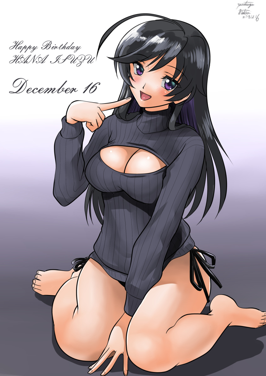 1girl ahoge alternate_eye_color arm_between_legs artist_name bangs barefoot black_hair black_panties black_sweater blush breasts character_name cleavage cleavage_cutout commentary dated english_text eyebrows_visible_through_hair full_body girls_und_panzer gradient gradient_background grey_background happy_birthday head_tilt highres isuzu_hana legs light_blush long_hair long_sleeves looking_at_viewer matsui_yasutsugu medium_breasts meme_attire no_pants open-chest_sweater open_mouth panties pointing pointing_at_self ribbed_sweater shadow side-tie_panties signature sitting smile solo sweater turtleneck turtleneck_sweater underwear violet_eyes wariza