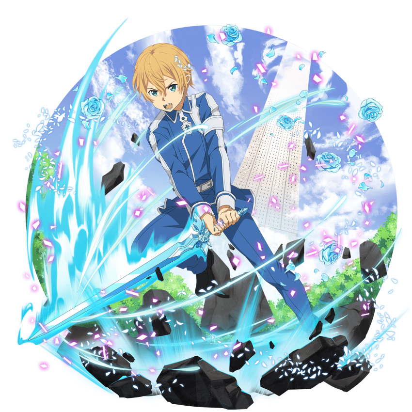 1boy blonde_hair blue_eyes blue_flower blue_jacket blue_pants blue_rose blue_rose_sword eugeo flower highres holding holding_sword holding_weapon jacket leg_up long_sleeves male_focus official_art pants rose solo sword sword_art_online transparent_background weapon