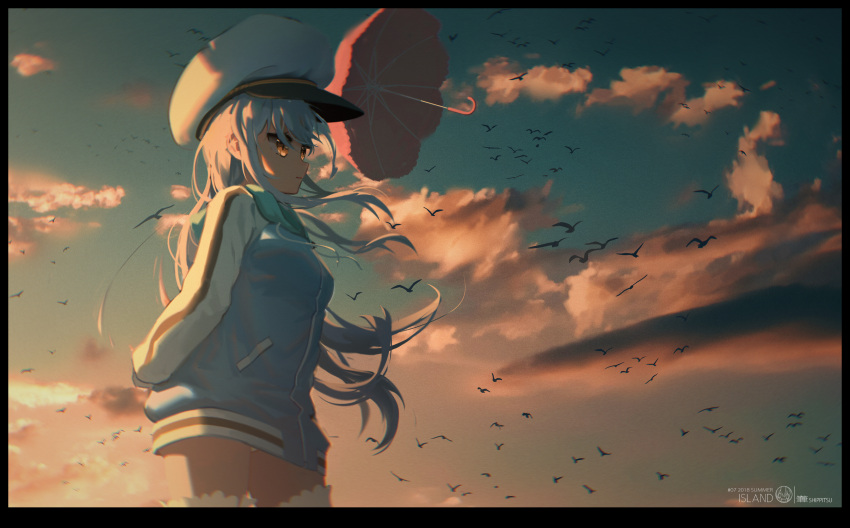 1girl absurdres artist_name bird blue_jacket blue_sky brown_eyes closed_mouth clouds copyright_name flock hat highres hood huge_filesize island_(game) jacket long_hair long_sleeves looking_to_the_side ohara_rinne red_umbrella shippitsu sky solo standing twilight umbrella very_long_hair watermark white_hat white_legwear