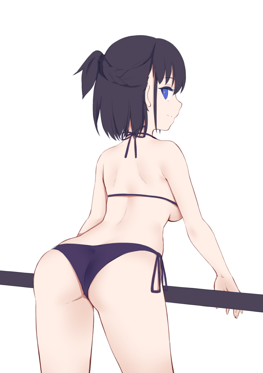 1girl ass bangs bare_arms bare_shoulders bikini black_bikini black_hair braid breasts commentary_request copyright_request eyebrows_visible_through_hair from_behind highres jilu looking_at_viewer medium_breasts ponytail smile solo standing swimsuit