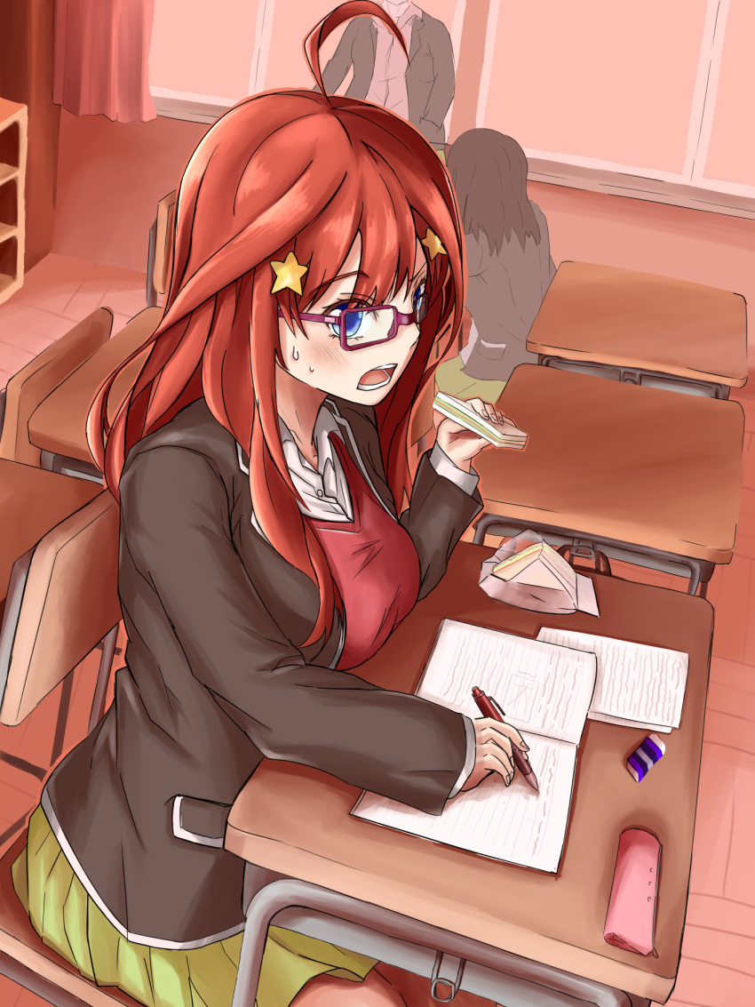 1girl alicization6718 bangs blue_eyes breasts classroom commentary_request curtains desk eating eraser eyebrows_visible_through_hair food glasses go-toubun_no_hanayome green_skirt hair_between_eyes hair_ornament highres holding holding_food indoors large_breasts long_hair lunch nakano_itsuki open_mouth papers pencil pleated_skirt redhead sandwich school school_desk shirt sitting skirt solo star star_hair_ornament sweatdrop tile_floor tiles white_shirt window