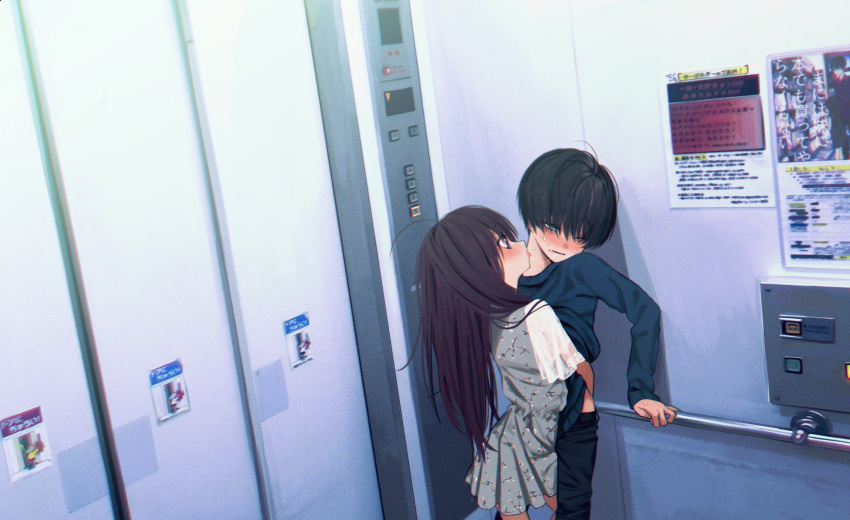 1boy 1girl after_kiss ahoge assertive black_hair blush brown_hair commentary dress elevator hetero highres honryou_wa_naru leg_between_thighs long_hair original saliva saliva_trail short_hair