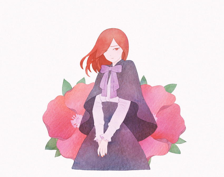 1other alternate_costume androgynous capelet eyes_visible_through_hair flower hair_over_one_eye highres houseki_no_kuni long_bangs long_hair looking_at_viewer mydeerwitch neck_ribbon red_eyes redhead ribbon shinsha_(houseki_no_kuni) skirt solo