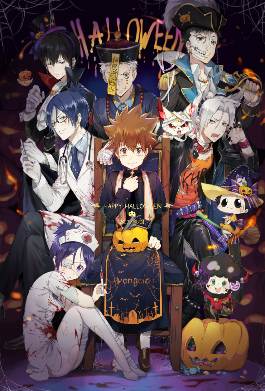 1girl ass black_hair blue_eyes blue_hair breasts brown_hair chrome_dokuro closed_mouth commentary_request dress ekita_xuan eyepatch gloves gokudera_hayato gun halloween hibari_kyouya highres katekyo_hitman_reborn looking_at_viewer multiple_boys purple_hair rokudou_mukuro sawada_tsunayoshi short_hair smile violet_eyes weapon yamamoto_takeshi