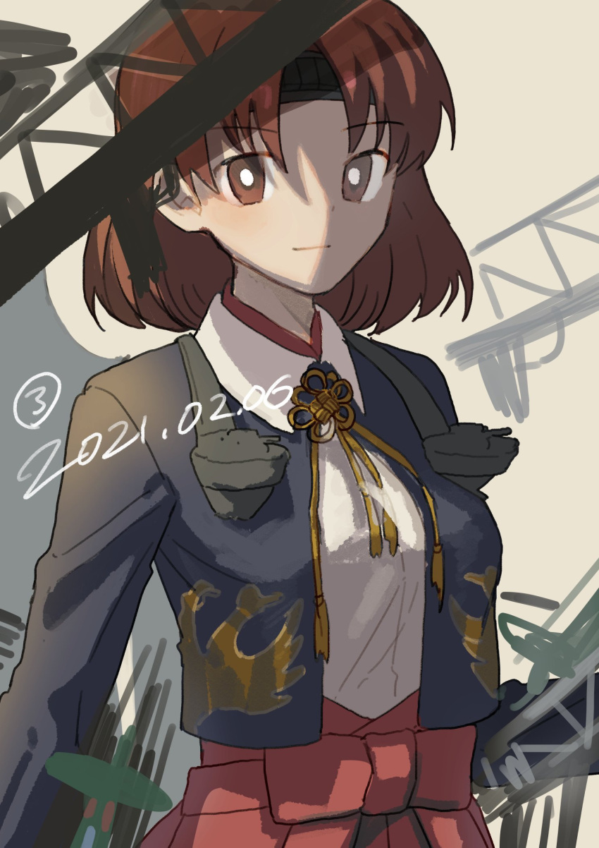 1girl bangs blouse breasts brown_eyes brown_hair chiyoda_(kancolle) closed_mouth dated eyebrows_visible_through_hair grey_background hakama headband highres jacket japanese_clothes kantai_collection long_sleeves looking_at_viewer marusan_liliil medium_breasts one-hour_drawing_challenge red_hakama short_hair simple_background sketch solo