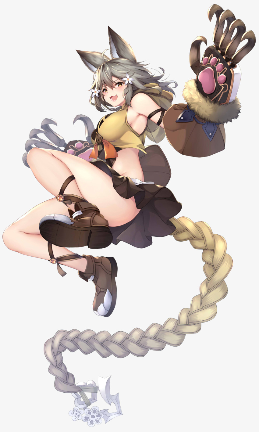 1girl :3 :d absurdres ahoge animal_ears arm_ribbon armpits ass bag bare_shoulders black_skirt blush boots breasts brown_footwear claws crop_top erune fangs flower full_body fur_trim gloves granblue_fantasy grey_hair groin hair_flower hair_ornament hand_up highres hood hood_down hoodie large_breasts long_hair looking_at_viewer midriff miniskirt open_mouth ribbon sen_(granblue_fantasy) skirt sleeveless sleeveless_hoodie smile solo thighs yellow_eyes yellow_hoodie ym_(distance819)