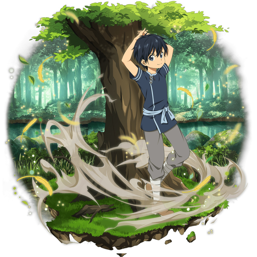 1boy against_tree arms_behind_head arms_up black_eyes black_hair black_shirt day full_body grey_pants hair_between_eyes highres kirito lake looking_at_viewer male_focus official_art outdoors pants shirt short_sleeves smile solo standing sword_art_online transparent_background tree