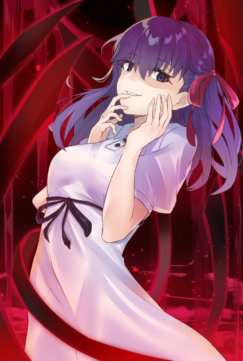 1girl black_ribbon dress eyebrows_visible_through_hair fate/stay_night fate_(series) floating_hair grin hair_ribbon highres leaning_back long_hair looking_at_viewer matou_sakura purple_hair red_ribbon rei_no_himo ribbon shiny shiny_hair short_sleeves smile solo standing sundress tapioka_(oekakitapioka) violet_eyes white_dress