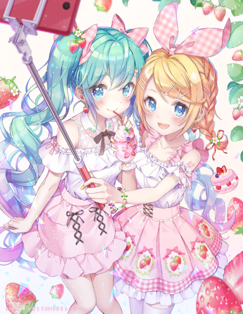 2girls aqua_eyes aqua_hair bangs blonde_hair blue_eyes blush bow braid earrings food food_print food_themed_earrings food_themed_hair_ornament fruit hair_bow hair_ornament hair_ribbon hairclip hatsune_miku highres jewelry kagamine_len long_hair macaron multiple_girls nail_polish open_mouth pink_skirt ribbon selfie_stick shiori_(xxxsi) sidelocks skirt smile strawberry strawberry_earrings strawberry_hair_ornament strawberry_print thigh-highs twintails very_long_hair vocaloid white_background