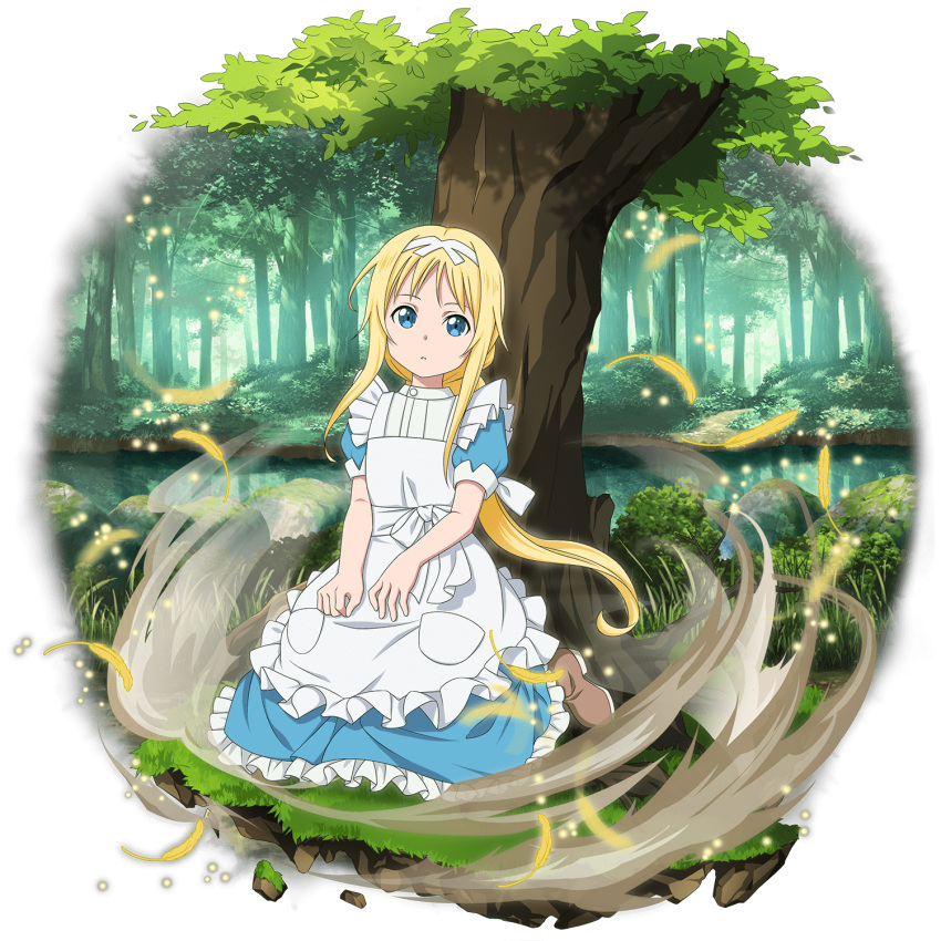 1girl against_tree alice_schuberg apron blonde_hair blue_eyes blue_shirt blue_skirt boots brown_footwear day floating_hair frilled_skirt frills full_body hairband highres lake long_hair long_skirt looking_at_viewer official_art outdoors shirt short_sleeves skirt solo sword_art_online transparent_background tree very_long_hair white_apron white_hairband