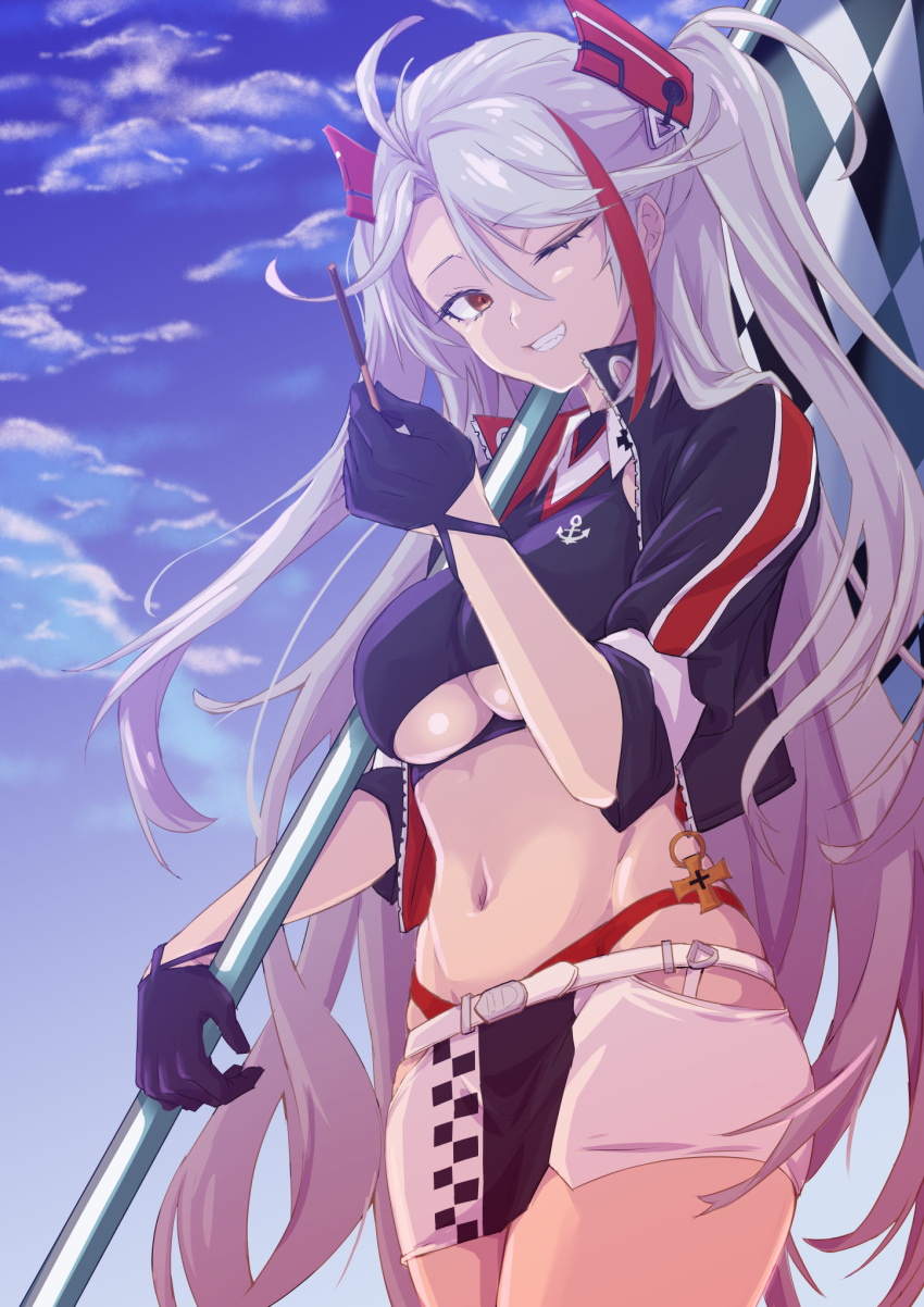 1girl azur_lane belt black_gloves blue_sky breasts checkered checkered_flag clothing_cutout cropped_shirt eyebrows_visible_through_hair flag food gloves half_gloves headband highres himeno_tatsuta holding holding_flag holding_food holding_pocky jacket large_breasts long_hair looking_at_viewer microskirt multicolored_hair navel official_alternate_costume one_eye_closed open_clothes open_jacket orange_eyes panties panty_straps pocky prinz_eugen_(azur_lane) prinz_eugen_(final_lap)_(azur_lane) purple_jacket racequeen red_panties redhead silver_hair skirt sky smile solo standing streaked_hair teeth two-tone_hair two-tone_skirt under_boob underboob_cutout underwear very_long_hair white_belt white_skirt zipper