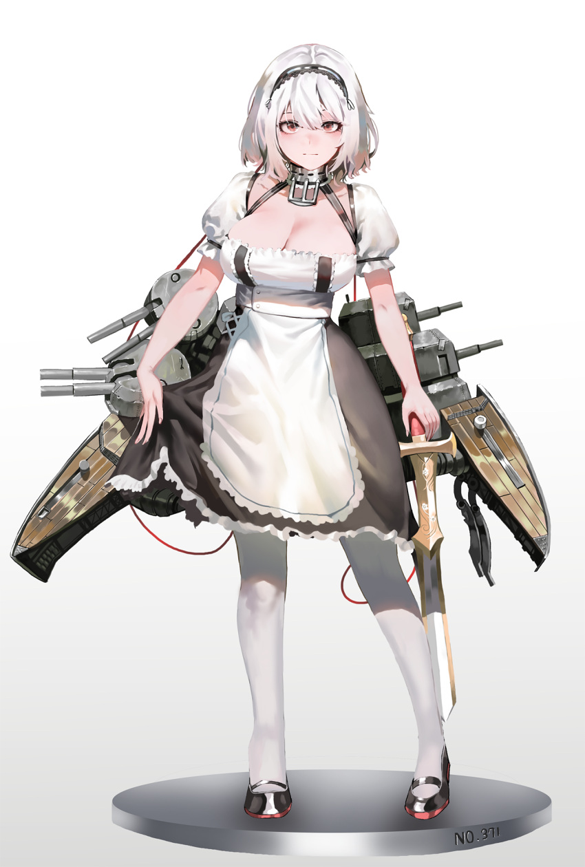 1girl anchor azur_lane bangs black_footwear blush breasts cannon choker cleavage collarbone commentary_request dress expressionless full_body hair_between_eyes hairband highres holding holding_sword holding_weapon ihobus lace-trimmed_hairband large_breasts looking_at_viewer mary_janes puffy_sleeves red_eyes ribbon rigging shoes short_hair short_sleeves sidelocks sirius_(azur_lane) solo sword thigh-highs turret weapon white_hair white_legwear