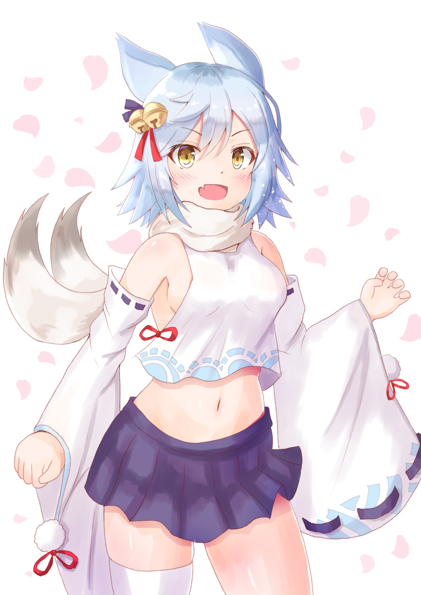 1girl :d animal_ears azur_lane bare_shoulders bell blue_hair blue_skirt blush breasts cocoasabure cowboy_shot crop_top crop_top_overhang detached_sleeves fang fubuki_(azur_lane) hair_ornament highres jingle_bell long_sleeves looking_at_viewer medium_breasts midriff miniskirt navel open_mouth petals pleated_skirt scarf short_hair single_thighhigh skirt smile solo standing stomach thigh-highs white_background white_legwear wide_sleeves yellow_eyes zettai_ryouiki