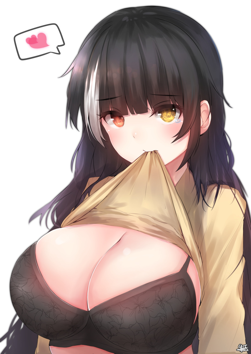 1girl absurdres bangs black_bra black_hair blunt_bangs blush bra breasts brown_sweater cleavage closed_mouth clothes_lift commentary_request embarrassed eyebrows_visible_through_hair floral_print frown girls_frontline heart heterochromia highres hiromaster_sinta_jh korean_commentary large_breasts lifted_by_self long_hair looking_at_viewer multicolored_hair print_bra red_eyes ro635_(girls_frontline) signature simple_background solo speech_bubble spoken_heart star star_in_eye streaked_hair sweater sweater_lift symbol_in_eye tearing_up tears underwear upper_body white_background white_hair yellow_eyes