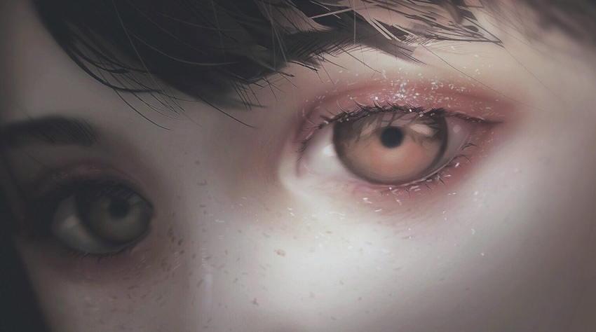 1girl bags_under_eyes brown_eyes brown_hair close-up diao_(sen_zoku) eyelashes eyes face freckles glitter looking_at_viewer original solo