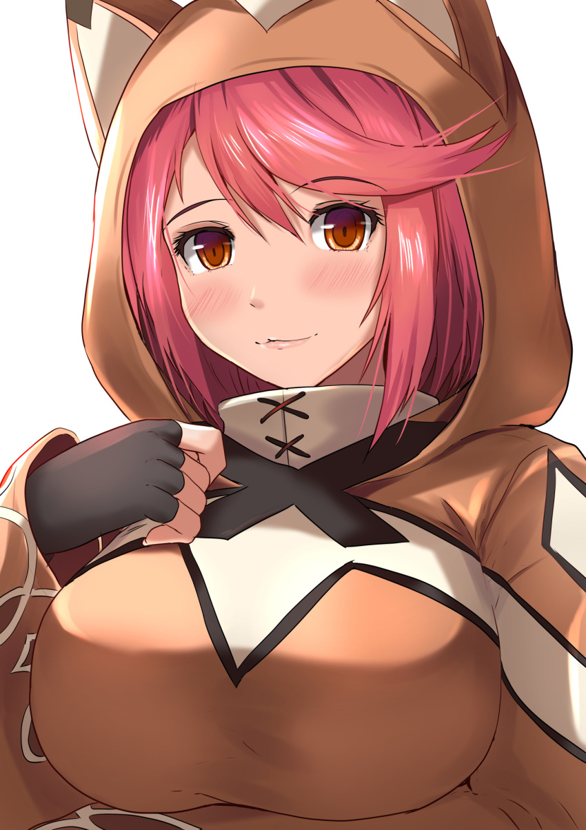 1girl :3 alternate_costume animal_ears animal_hood bangs blush breasts cloak closed_mouth eyebrows_visible_through_hair fingerless_gloves gloves hand_on_own_chest highres pyra_(xenoblade) hood hood_up hoodie kanzaki_kureha large_breasts lips looking_at_viewer nintendo redhead short_hair simple_background smile solo swept_bangs white_background xenoblade_(series) xenoblade_2