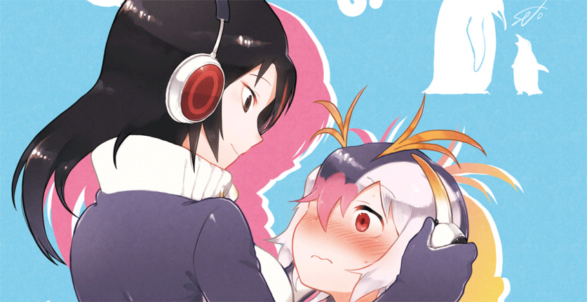 2girls bird black_hair blonde_hair blush brown_eyes commentary_request embarrassed emperor_penguin_(kemono_friends) eyebrows_visible_through_hair hair_between_eyes hands_on_another's_head headphones highlights kemono_friends long_hair long_sleeves multicolored_hair multiple_girls nose_blush penguin pink_hair purple_hair red_eyes redhead royal_penguin_(kemono_friends) seto_(harunadragon) shiny shiny_hair short_hair sweater white_hair
