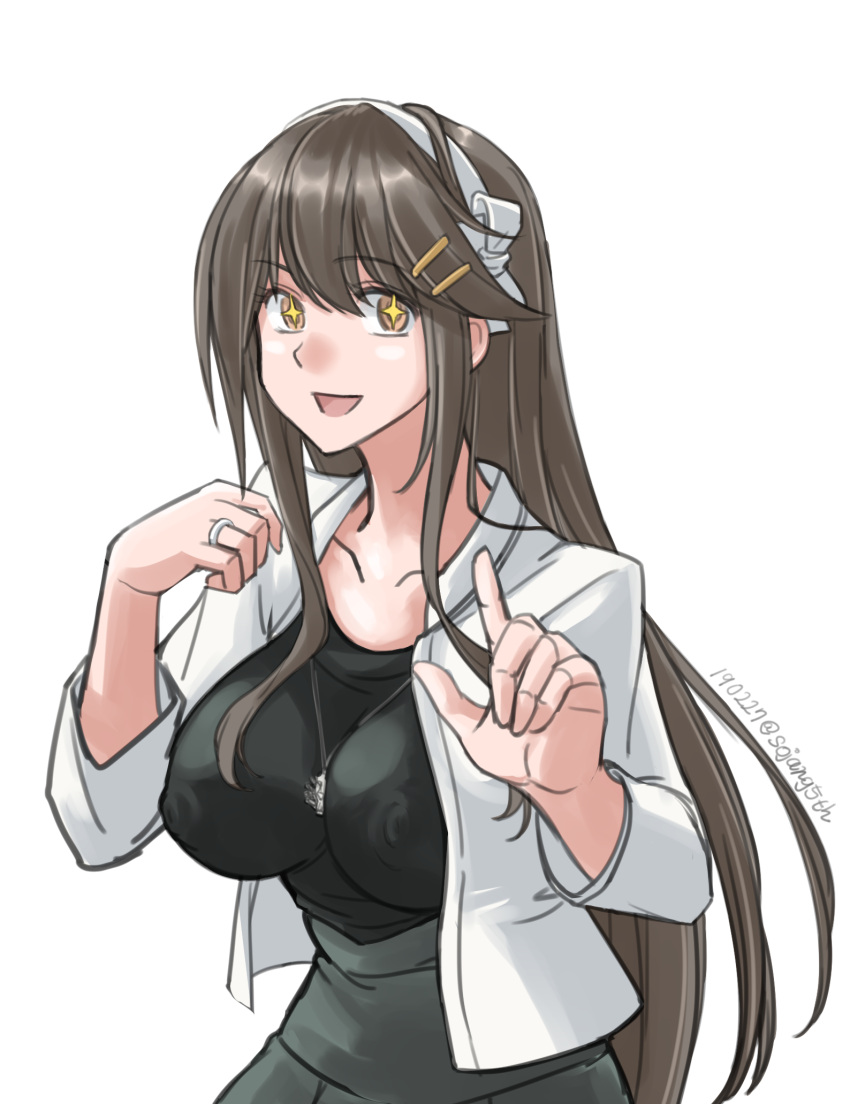 +_+ 1girl :d anchor_necklace black_hair black_shirt breasts brown_eyes collarbone dated eyebrows_visible_through_hair grey_skirt hair_ornament hairband hairclip haruna_(kantai_collection) highres impossible_clothes index_finger_raised jacket jewelry kantai_collection large_breasts long_hair looking_at_viewer open_mouth ring shirt simple_background skirt smile solo sozan twitter_username wedding_band white_background white_hairband white_jacket