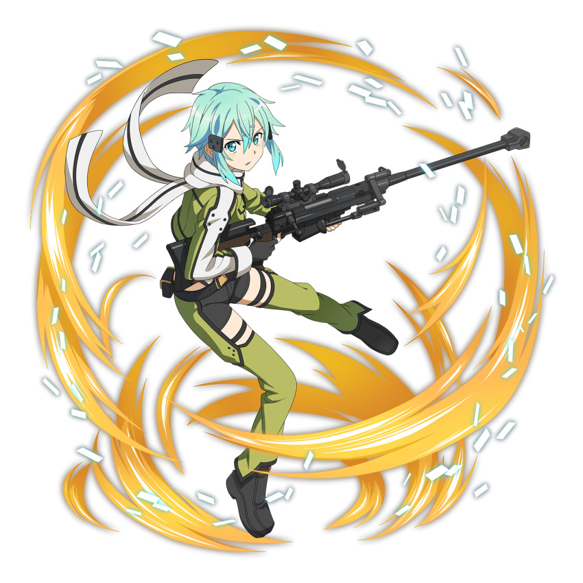 1girl black_gloves black_shorts blue_eyes blue_hair fingerless_gloves full_body gloves green_jacket green_legwear gun hair_between_eyes hair_ornament hairclip highres holding holding_gun holding_weapon jacket leggings long_sleeves looking_at_viewer official_art parted_lips pgm_hecate_ii rifle scarf shiny shiny_hair short_hair short_shorts shorts sinon sniper_rifle solo sword_art_online thigh_strap transparent_background weapon white_scarf