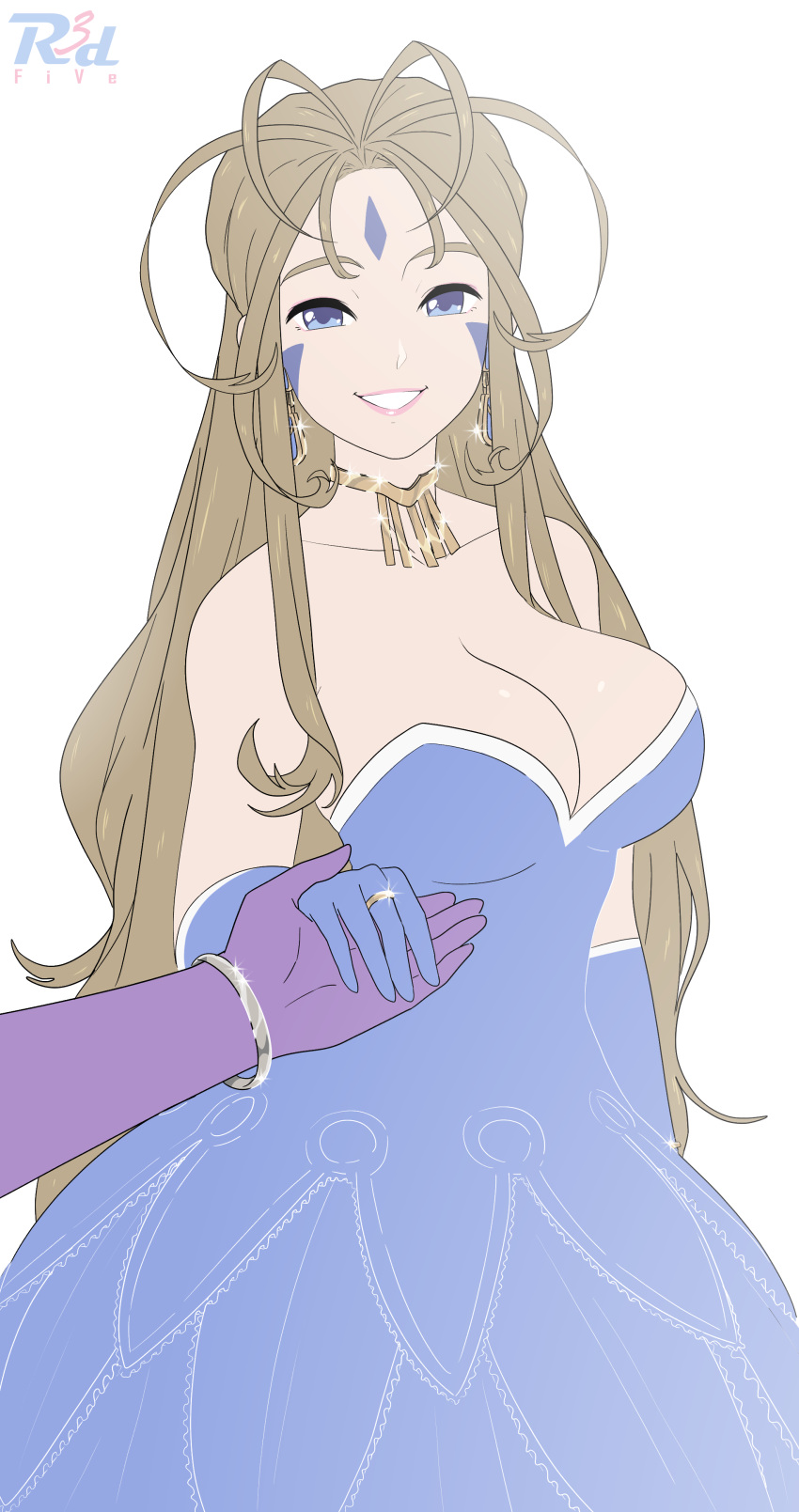 1girl :d aa_megami-sama absurdres antenna_hair bangs bare_shoulders belldandy blue_dress blue_eyes blue_gloves bracelet breasts brown_hair choker cleavage collarbone dress earrings facial_mark forehead_mark gloves goddess hand_holding highres jewelry large_breasts long_hair looking_at_viewer open_mouth r3dfive ring simple_background sleeveless sleeveless_dress smile solo_focus