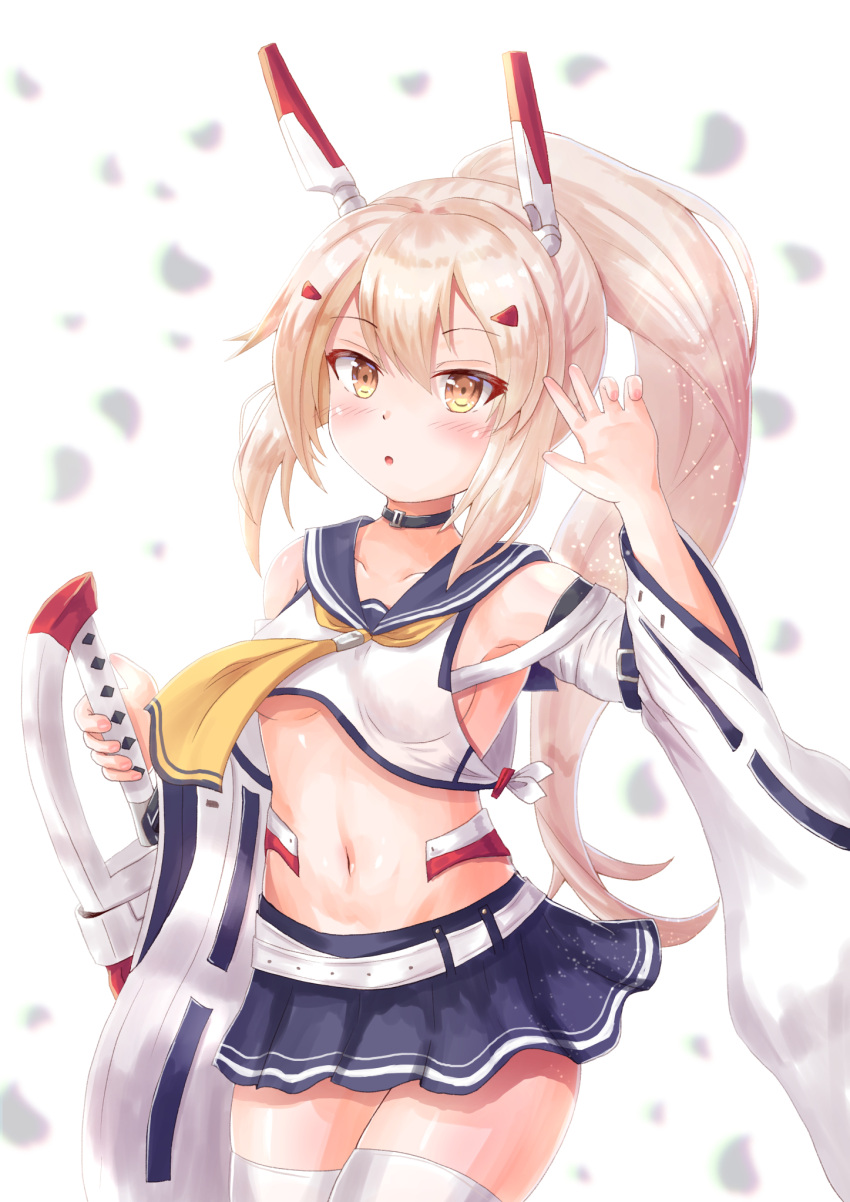 1girl :o armpits ayanami_(azur_lane) azur_lane bangs bare_shoulders belt black_choker blonde_hair blue_sailor_collar blue_skirt blurry blush breasts brown_eyes choker cocoasabure collarbone cowboy_shot crop_top crop_top_overhang depth_of_field detached_sleeves hair_ornament hand_up headgear highres holding holding_sword holding_weapon long_hair long_sleeves looking_at_viewer medium_breasts midriff miniskirt navel no_bra parted_lips petals pleated_skirt ponytail remodel_(azur_lane) reverse_grip sailor_collar school_uniform serafuku shirt sidelocks skirt solo standing sword thigh-highs under_boob very_long_hair weapon white_legwear white_shirt wide_sleeves zettai_ryouiki