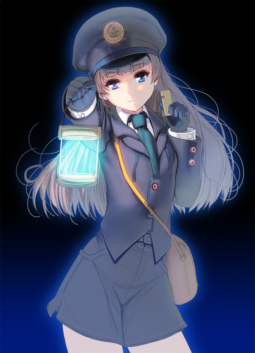 1girl bag bangs black_gloves blue_eyes blunt_bangs closed_mouth cowboy_shot gloves gradient gradient_background grey_hair hat highres lantern long_hair looking_at_viewer masao original outstretched_arm skirt solo standing uniform