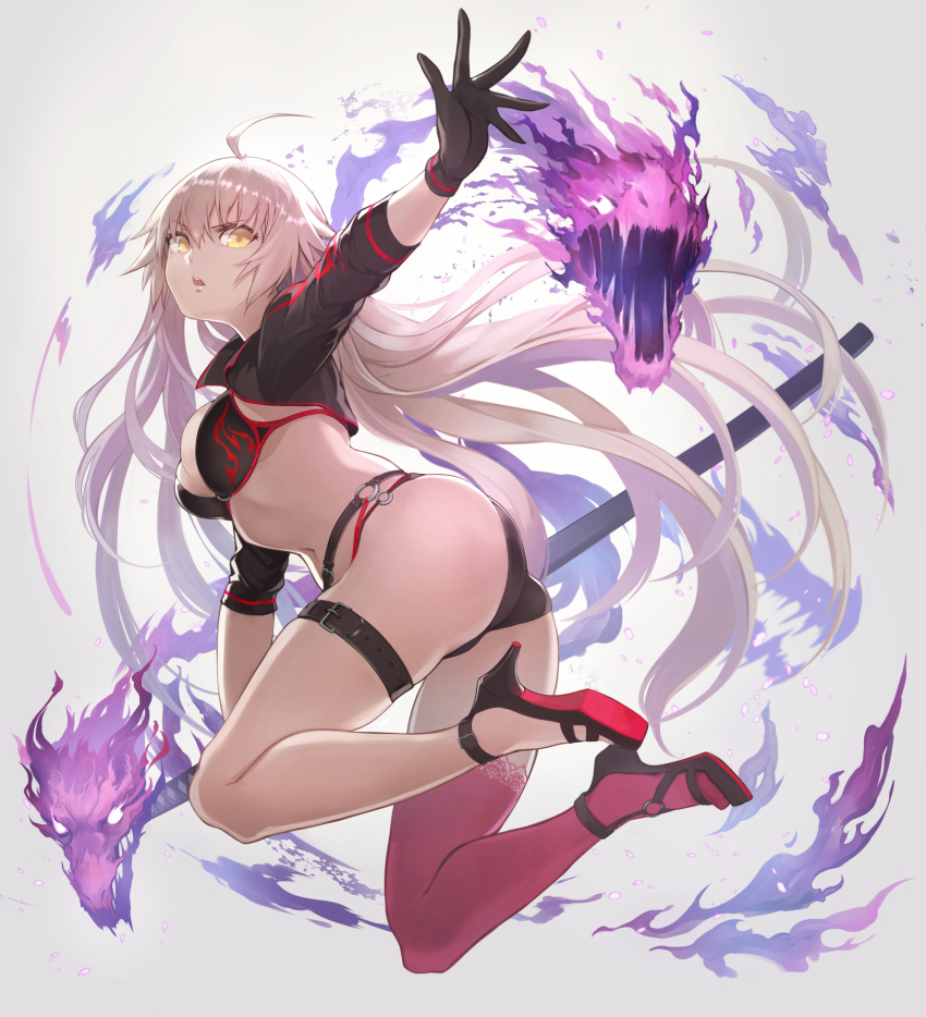 1girl ass bikini black_bikini black_choker black_gloves black_jacket breasts choker commentary_request cropped_jacket dragon fate/grand_order fate_(series) fire gloves highres jacket jeanne_d'arc_(alter_swimsuit_berserker) jeanne_d'arc_(fate)_(all) katana large_breasts legs long_hair looking_at_viewer navel omoti_(1201208) open_mouth outstretched_arm purple_fire red_legwear revision sandals shrug_(clothing) silver_hair simple_background single_thighhigh solo swimsuit sword thigh-highs thigh_strap thighs very_long_hair weapon yellow_eyes