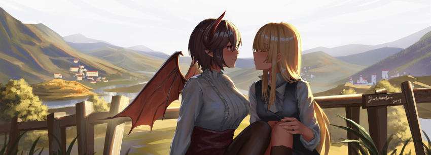 2019 2girls anne_(shingeki_no_bahamut) bangs blonde_hair blue_sky blush breasts brown_hair brown_legwear brown_wings building closed_mouth commentary curled_horns day dragon_horns dragon_wings english_commentary eyebrows_visible_through_hair facing_another fence fingernails frilled_shirt frills grea_(shingeki_no_bahamut) grey_vest hair_between_eyes highres horns kneehighs large_breasts long_hair long_sleeves looking_at_another manaria_friends multiple_girls outdoors pantyhose pointy_ears profile red_eyes shingeki_no_bahamut shirt short_hair signature sky smile very_long_hair vest white_shirt wings yuri yurichtofen