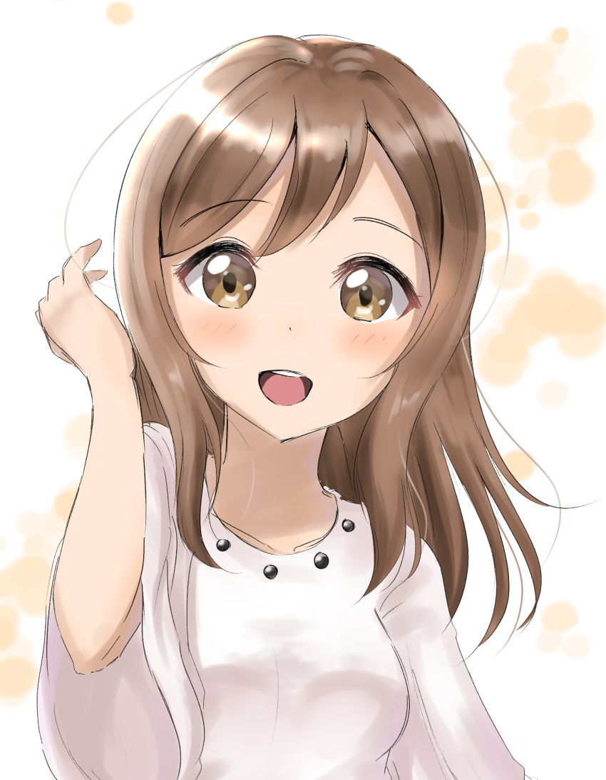 1girl :d bangs blush breasts brown_eyes brown_hair collarbone commentary_request eyebrows_visible_through_hair hand_up head_tilt highres kunikida_hanamaru long_hair long_sleeves looking_at_viewer love_live! love_live!_sunshine!! open_mouth round_teeth shirt sin_(sin52y) small_breasts smile solo teeth upper_body upper_teeth white_shirt wide_sleeves