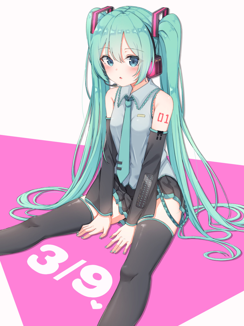 1girl 39 absurdres blush detached_sleeves eyebrows_visible_through_hair green_eyes green_hair hair_between_eyes hatsune_miku headset highres long_hair looking_at_viewer nail_polish necktie number_tattoo parted_lips pleated_skirt sitting skirt solo tattoo thigh-highs twintails very_long_hair vocaloid xue_lu