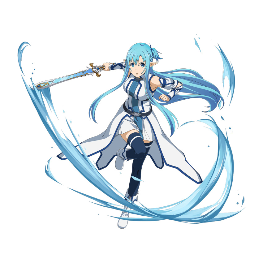 1girl :o asuna_(sao-alo) blue_eyes blue_hair blue_legwear boots braid breasts cape crown_braid detached_sleeves dress floating_hair full_body highres holding holding_sword holding_weapon leg_up long_hair looking_at_viewer medium_breasts official_art pleated_dress pointy_ears short_dress sleeveless sleeveless_dress solo standing standing_on_one_leg sword sword_art_online thigh-highs transparent_background very_long_hair waist_cape weapon white_cape white_dress white_footwear white_sleeves zettai_ryouiki