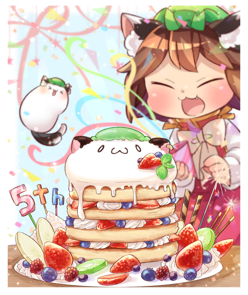 &gt;_&lt; 1girl :3 animal_ear_fluff animal_ears banana_slice blue_background blueberry blurry bow bowtie brown_hair cat_ears cat_tail chen closed_eyes commentary_request confetti creature depth_of_field fang fireworks food fruit happy hat high_collar highres holding ibaraki_natou kiwi_slice long_sleeves mob_cap mochen multiple_tails number open_mouth pancake party_popper plate pocky raspberry red_skirt red_vest shirt short_hair skirt smile solo sparkler stack_of_pancakes standing strawberry streamers table tail touhou upper_body vest whipped_cream white_neckwear white_shirt