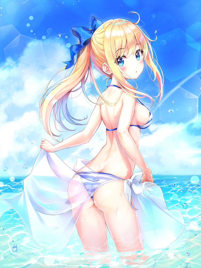 1girl :o absurdres ahoge arched_back ass back bare_arms bare_shoulders bikini blonde_hair blue_bikini blue_eyes blue_ribbon blue_sky blush breasts bubble caustics clouds cloudy_sky commentary dana_(hapong07) day floating_hair hair_ribbon halterneck highres holding horizon long_hair looking_at_viewer looking_back medium_breasts ocean original outdoors parted_lips ponytail ribbon sarong see-through sidelocks sky solo standing striped striped_bikini swimsuit thighs wading water water_drop wet